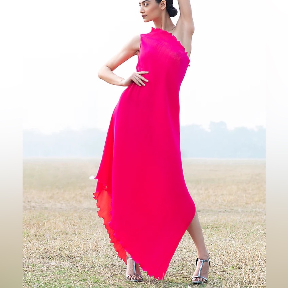 KIRAN UTTAM GHOSH Fuchsia Pink One Shoulder Pleated Asymmetric Dress Women's XS